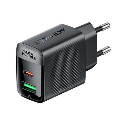Acefast A98 Network Charger, 30W, 3A, 1 x USB-A - 1 x USB-C, Black