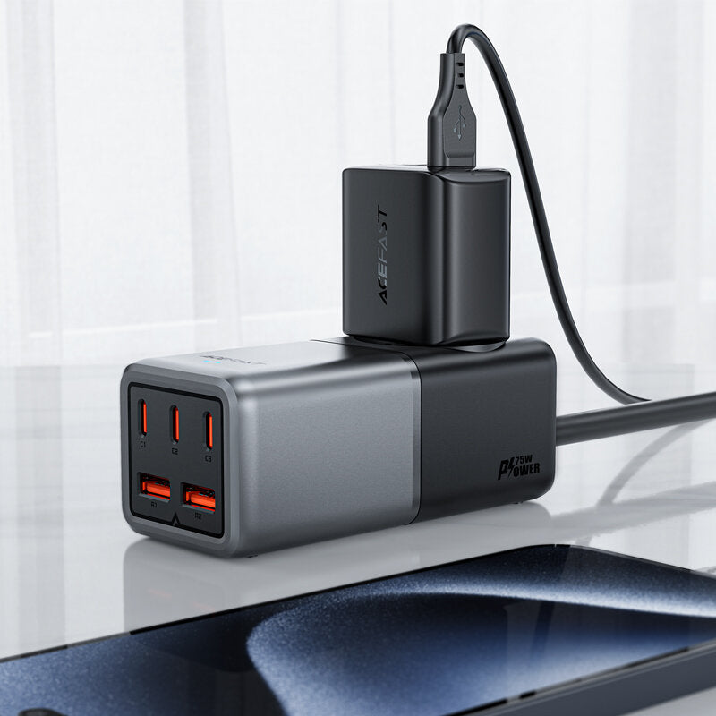 Ładowarka sieciowa Acefast Z2 GaN, 75W, 5A, 2 x USB-A - 3 x USB-C - 1 x Schuko, szara