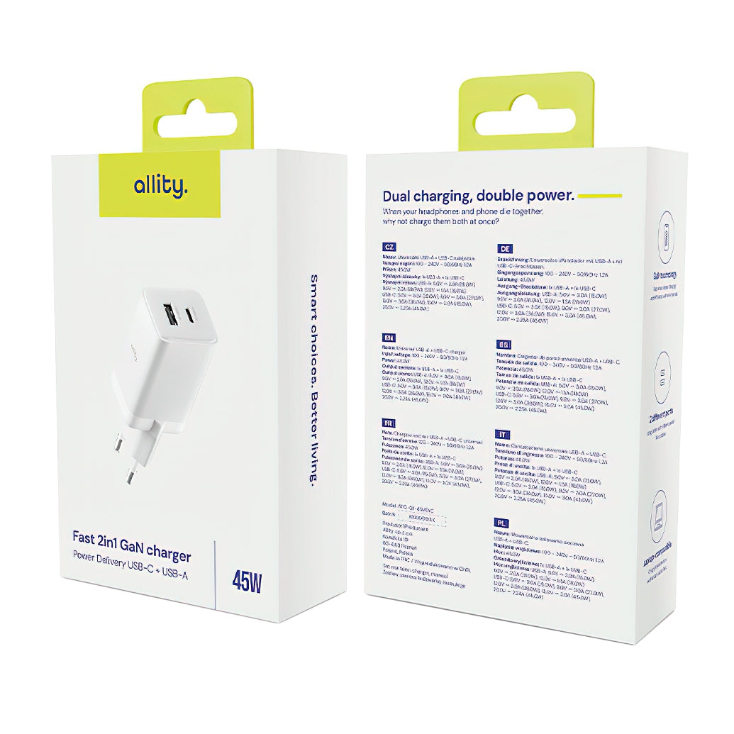 Ładowarka sieciowa Allity. ATC-01-45WCC Fast, 45W, 3A, 1 x USB-A - 1 x USB-C, Biały