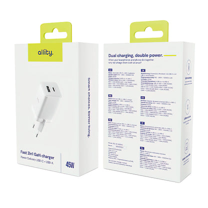 Ładowarka sieciowa Allity. ATC-01-45WCC Fast, 45W, 3A, 1 x USB-A - 1 x USB-C, Biały