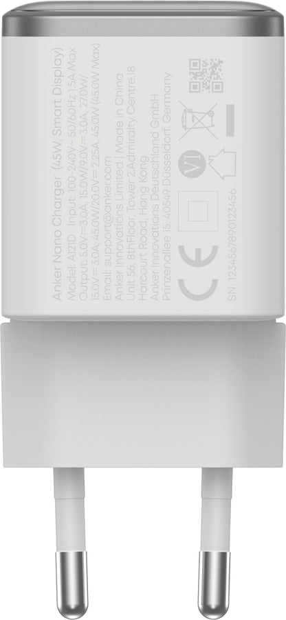 Anker Nano Display Wall Charger, 45W, 3A, 1 x USB-C, White A121DG21