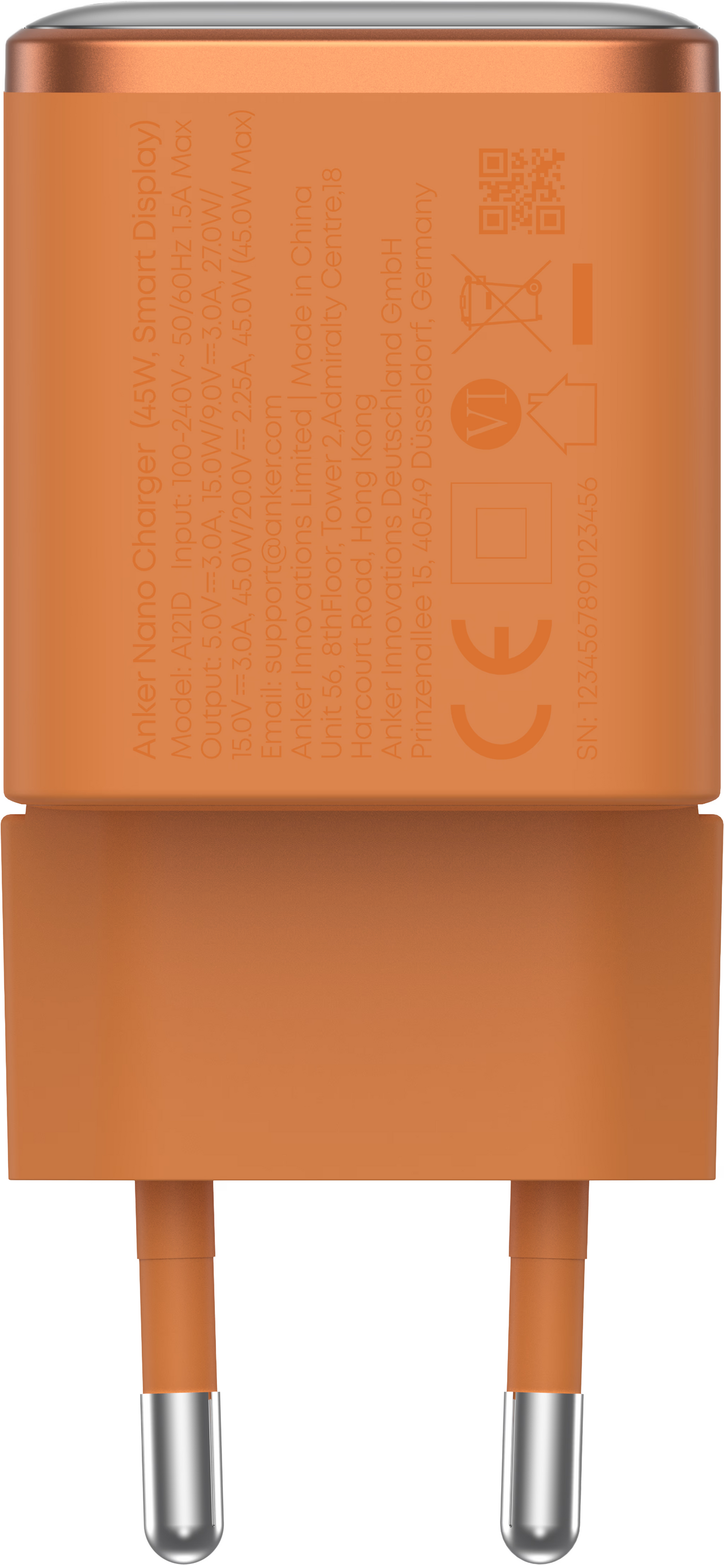 Anker Nano Display Wall Charger, 45W, 3A, 1 x USB-C, Orange A121DGO1