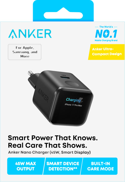 Anker Nano Display Wall Charger, 45W, 3A, 1 x USB-C, Black A121DG11