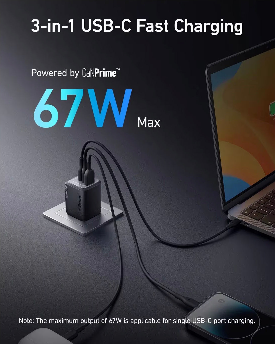 Ładowarka sieciowa Anker Prime, 67 W, 5 A, 1 x USB-A - 2 x USB-C, czarna A2669313 