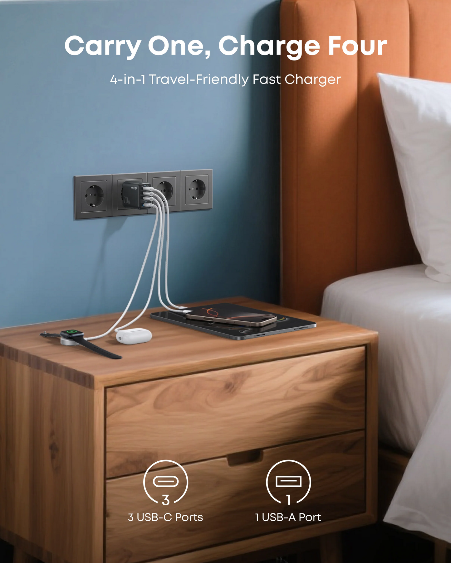 Ładowarka sieciowa Anker Zolo, 70W, 1 x USB-A - 3 x USB-C, Czarny A121CG11