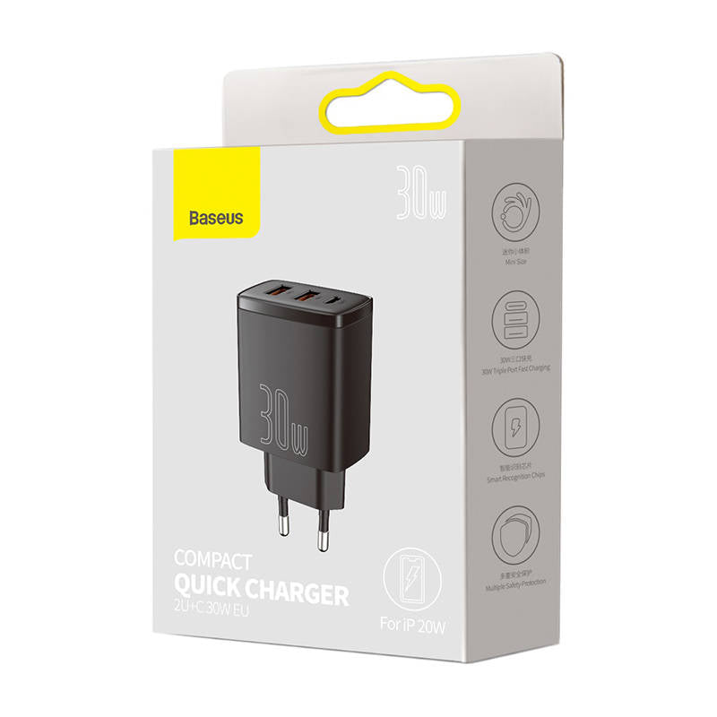 Baseus Kompaktowa ładowarka sieciowa, 30W, 3A, 1 x USB-C - 2 x USB-A, czarna CCXJ-E01