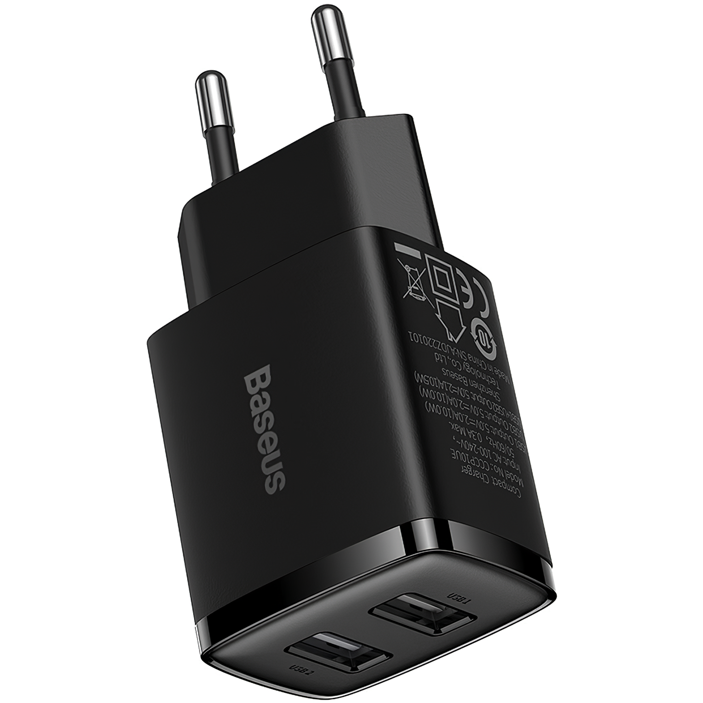 Baseus Kompaktowa ładowarka sieciowa, 10,5 W, 2,1 A, 2 x USB-A, czarna CCXJ010201 