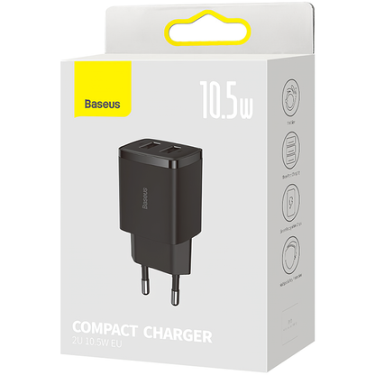 Baseus Kompaktowa ładowarka sieciowa, 10,5 W, 2,1 A, 2 x USB-A, czarna CCXJ010201 