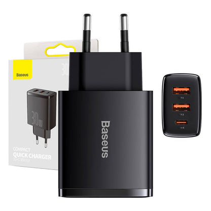 Baseus Kompaktowa ładowarka sieciowa, 30W, 3A, 1 x USB-C - 2 x USB-A, czarna CCXJ-E01