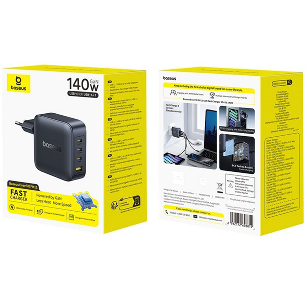 Ładowarka sieciowa Baseus EnerFill FH11, 140W, 5A, 1 x USB-A - 3 x USB-C, Czarny E0121J00
