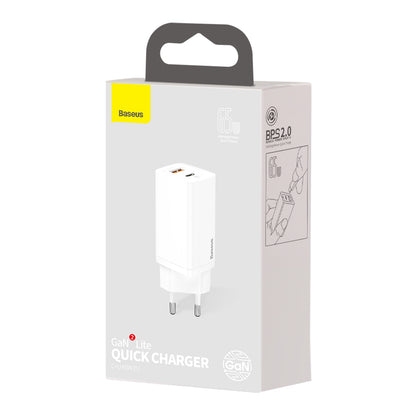 Ładowarka sieciowa Baseus GaN2 Lite, 65W, 3A, 1 x USB-A - 1 x USB-C, biała CCGAN2L-B02 