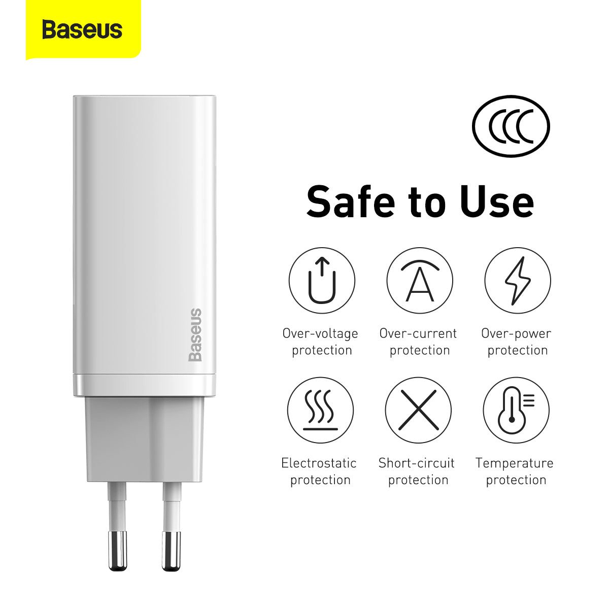 Ładowarka sieciowa Baseus GaN2 Lite, 65W, 3A, 1 x USB-A - 1 x USB-C, biała CCGAN2L-B02 