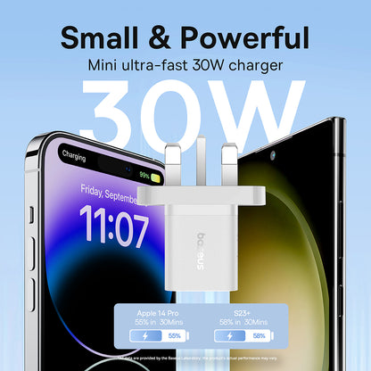 Ładowarka sieciowa Baseus GaN5 UK, 30W, 3A, 1 x USB-C, Biała P10110906213-00