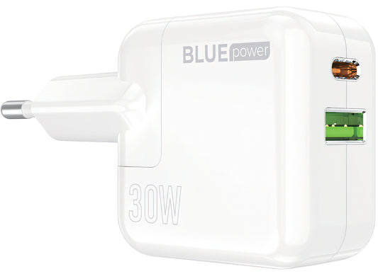 Ładowarka sieciowa BLUE Power BC111A, 30W, 3A, 1 x USB-A - 1 x USB-C, biała 