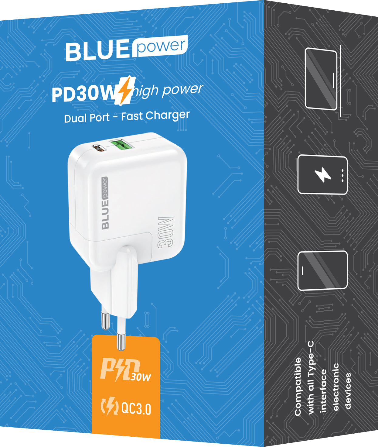 Ładowarka sieciowa BLUE Power BC111A, 30W, 3A, 1 x USB-A - 1 x USB-C, biała 