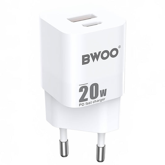 Ładowarka sieciowa BWOO BO-CDA156, 20W, 3A, 1 x USB-A - 1 x USB-C, biała 