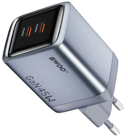 Ładowarka sieciowa BWOO BO-CDA239, 45W, 3A, 2 x USB-C, Szara