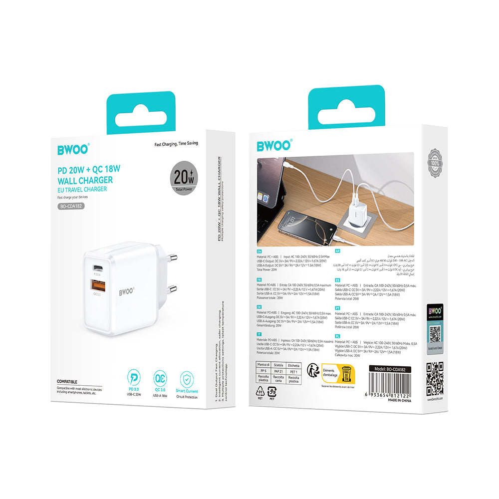 Ładowarka sieciowa BWOO CDA182, 38W, 3A, 1 x USB-A - 1 x USB-C, Biała