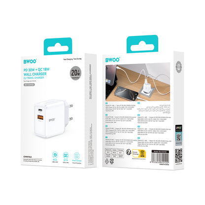 Ładowarka sieciowa BWOO CDA182, 38W, 3A, 1 x USB-A - 1 x USB-C, Biała