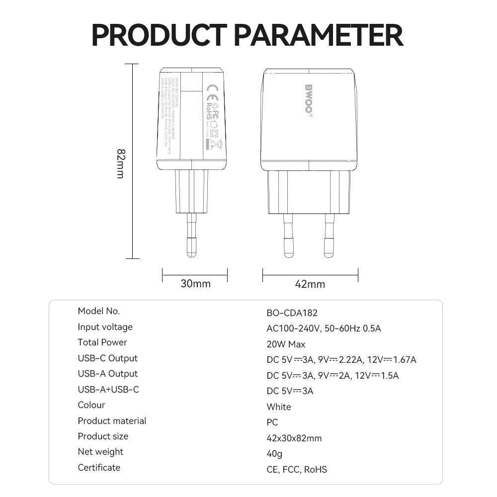 Ładowarka sieciowa BWOO CDA182, 38W, 3A, 1 x USB-A - 1 x USB-C, Biała