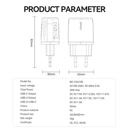 Ładowarka sieciowa BWOO CDA182, 38W, 3A, 1 x USB-A - 1 x USB-C, Biała