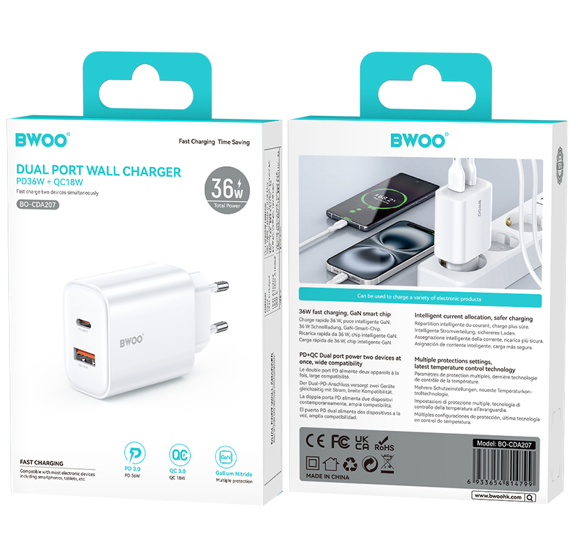 Ładowarka sieciowa BWOO CDA207, 36W, 3A, 1 x USB-A - 1 x USB-C, Biała