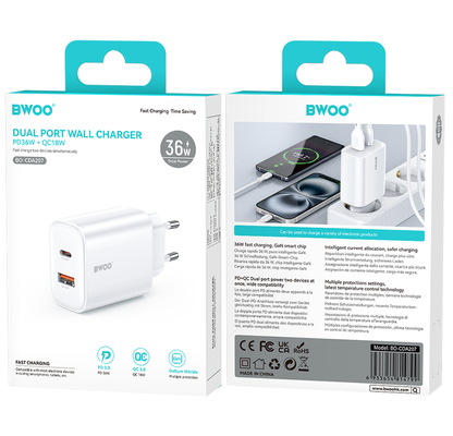 Ładowarka sieciowa BWOO CDA207, 36W, 3A, 1 x USB-A - 1 x USB-C, Biała
