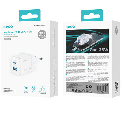 Ładowarka sieciowa BWOO CDA222, 35W, 3A, 1 x USB-A - 1 x USB-C, Biała