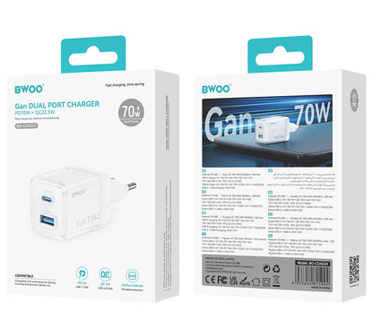 BWOO CDA224 Network Charger, 70W, 3.25A, 1 x USB-A - 1 x USB-C, White