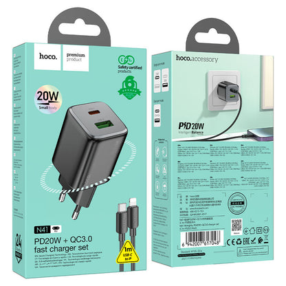 Ładowarka sieciowa z kablem Lightning HOCO N41, 20W, 3A, 1 x USB-A - 1 x USB-C, Czarny