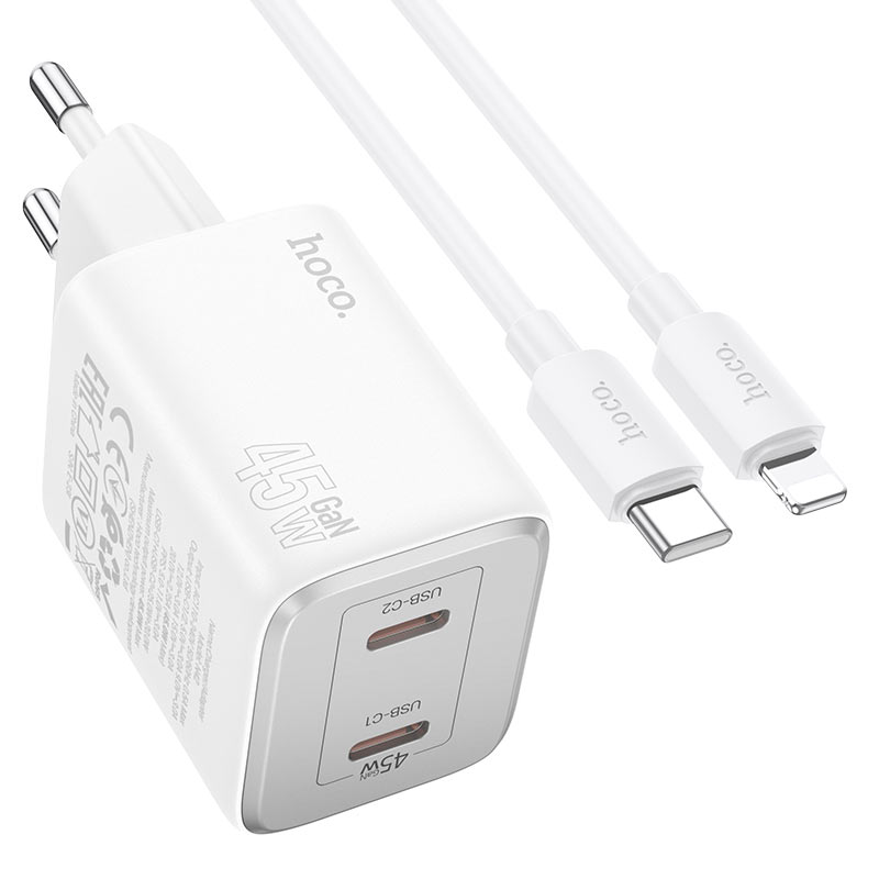 Ładowarka sieciowa z kablem Lightning HOCO N42, 45W, 3A, 2 x USB-C, biała 