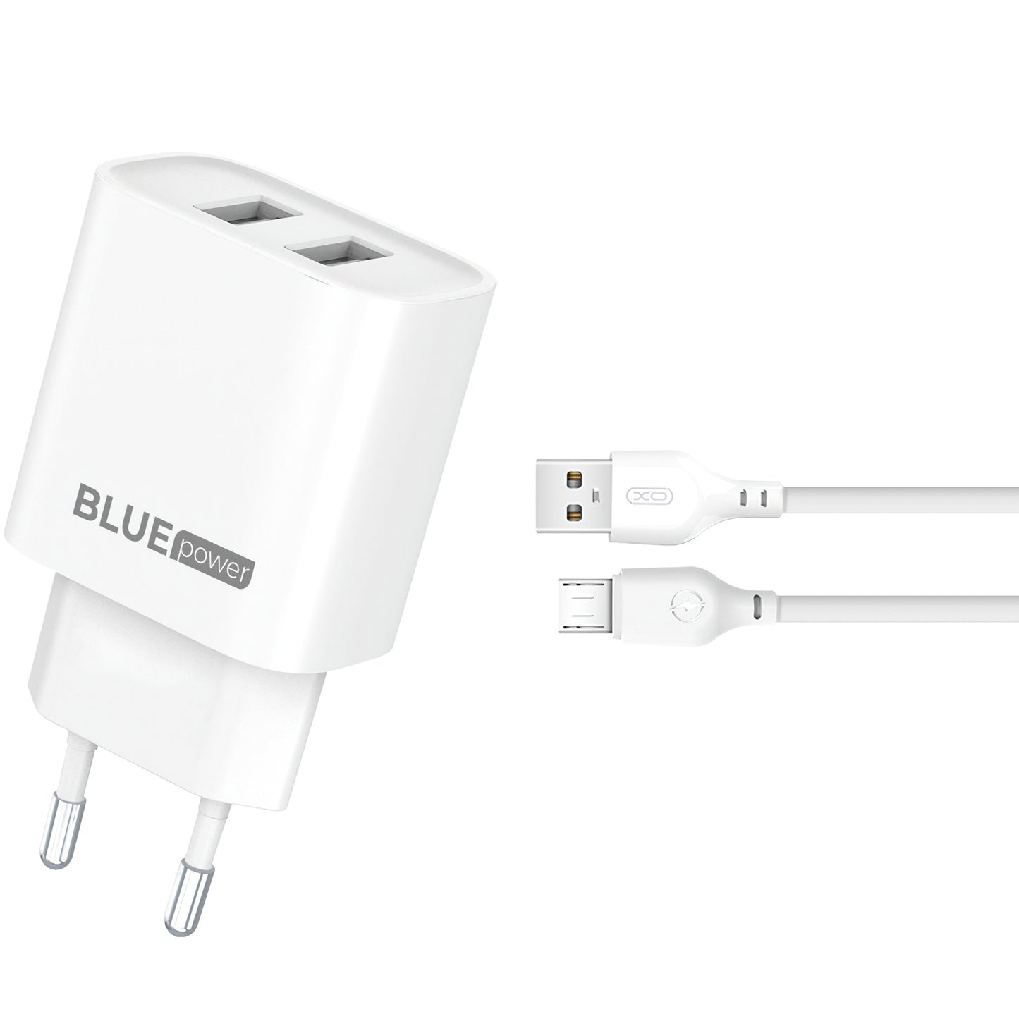 Ładowarka sieciowa Blue Power BPCE02M z kablem microUSB BPCE02M, 10,5 W, 2,1 A, 2 x USB-A, biała 