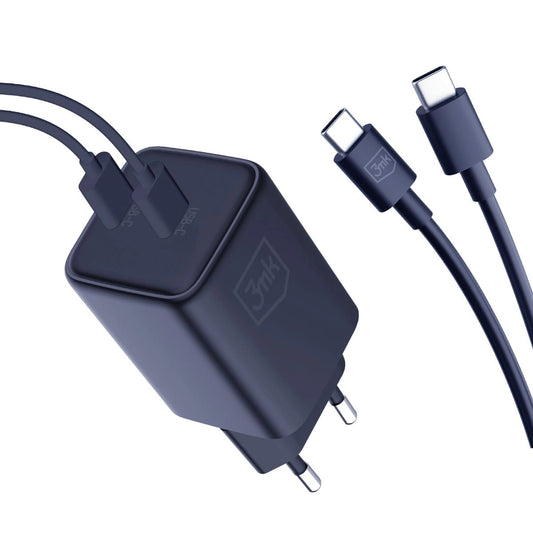 Ładowarka sieciowa 3MK HyperCharger z kablem USB-C, 45 W, 3 A, 2 x USB-C, czarna 