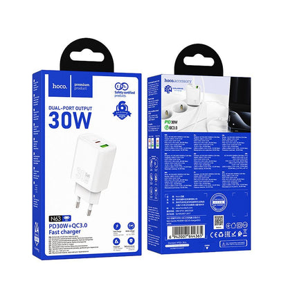 Ładowarka sieciowa HOCO N63, 30W, 3A, 1 x USB-A - 1 x USB-C, Biała