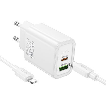 Ładowarka sieciowa z kablem Lightning HOCO N61, 20W, 3A, 1 x USB-A - 1 x USB-C, Biała
