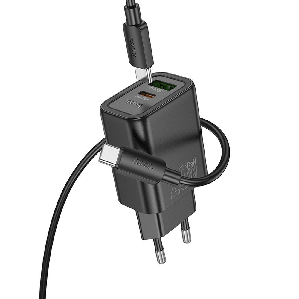 Ładowarka sieciowa z kablem Lightning HOCO N61, 20W, 3A, 1 x USB-A - 1 x USB-C, Czarny