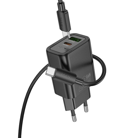 Ładowarka sieciowa z kablem Lightning HOCO N61, 20W, 3A, 1 x USB-A - 1 x USB-C, Czarny