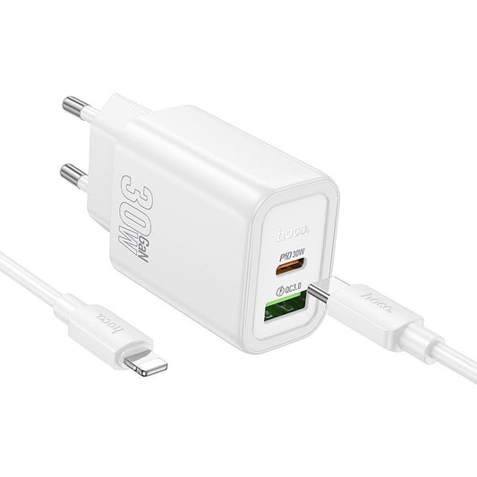 Ładowarka sieciowa z kablem Lightning HOCO N63, 30W, 3A, 1 x USB-A - 1 x USB-C, Biała