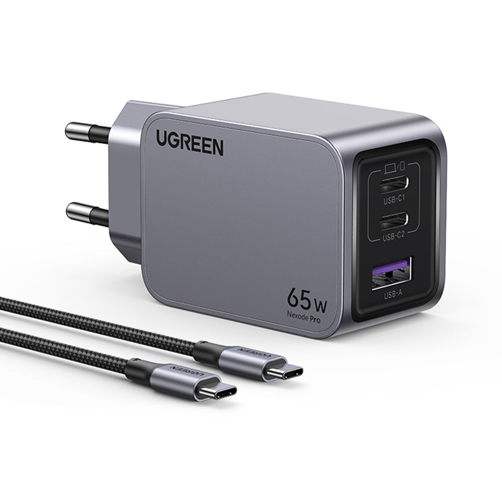 Ładowarka sieciowa z kablem USB-C UGREEN X755 Nexode Pro, 65W, 3A, 1 x USB-A - 2 x USB-C, Szara