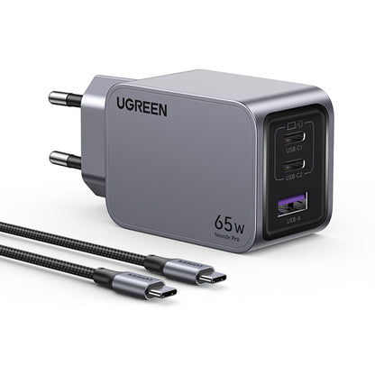 Ładowarka sieciowa z kablem USB-C UGREEN X755 Nexode Pro, 65W, 3A, 1 x USB-A - 2 x USB-C, Szara