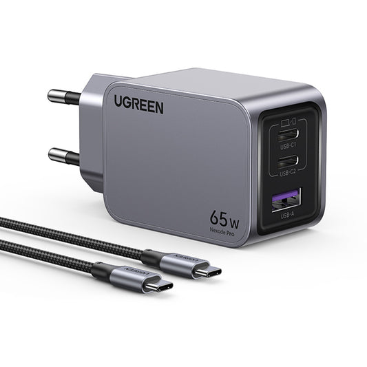 Ładowarka sieciowa z kablem USB-C UGREEN X755 Nexode Pro, 65W, 3A, 1 x USB-A - 2 x USB-C, Szara