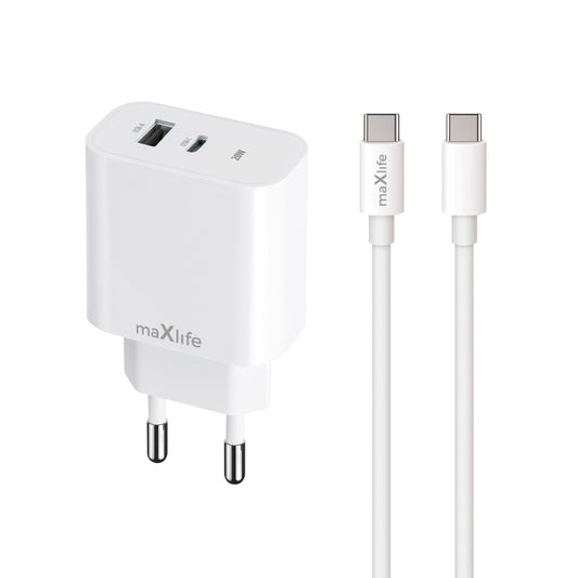 Ładowarka sieciowa z kablem USB-C MaXlife MXTC-06-20AC, 20W, 3A, 1 x USB-A - 1 x USB-C, Biała