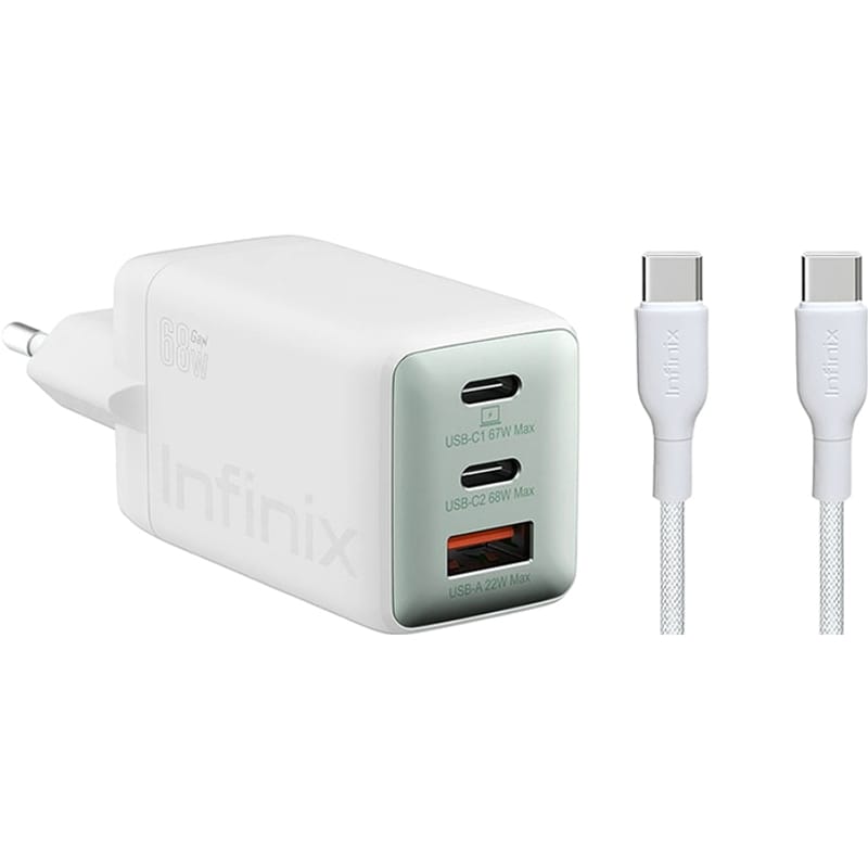 Ładowarka sieciowa z kablem USB-C Infinix XC07868EU + XDC95, 68W, 6.2A, 1 x USB-A - 2 x USB-C, Biała