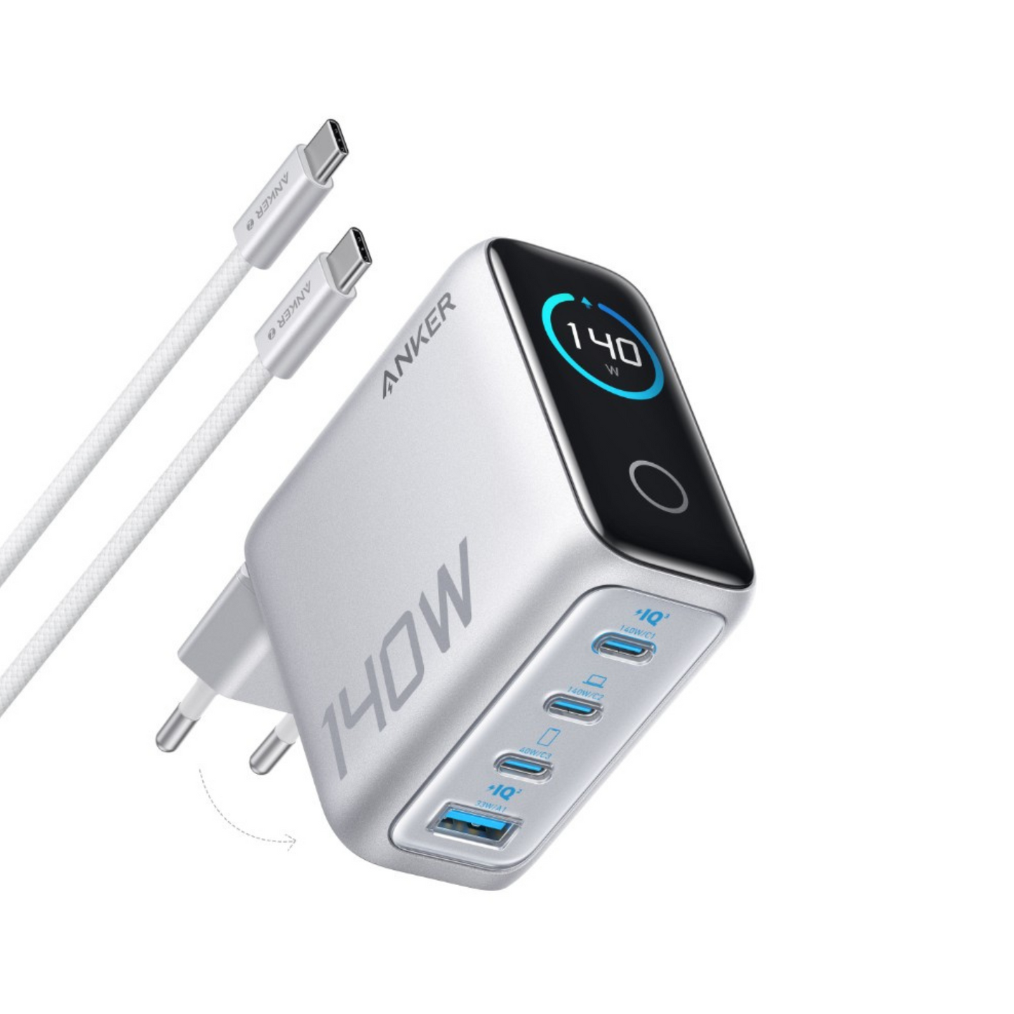 Ładowarka Sieciowa z Kablem USB-C Anker Zolo, 140W, 5A, 1 x USB-A - 3 x USB-C, Srebrna B2697G41