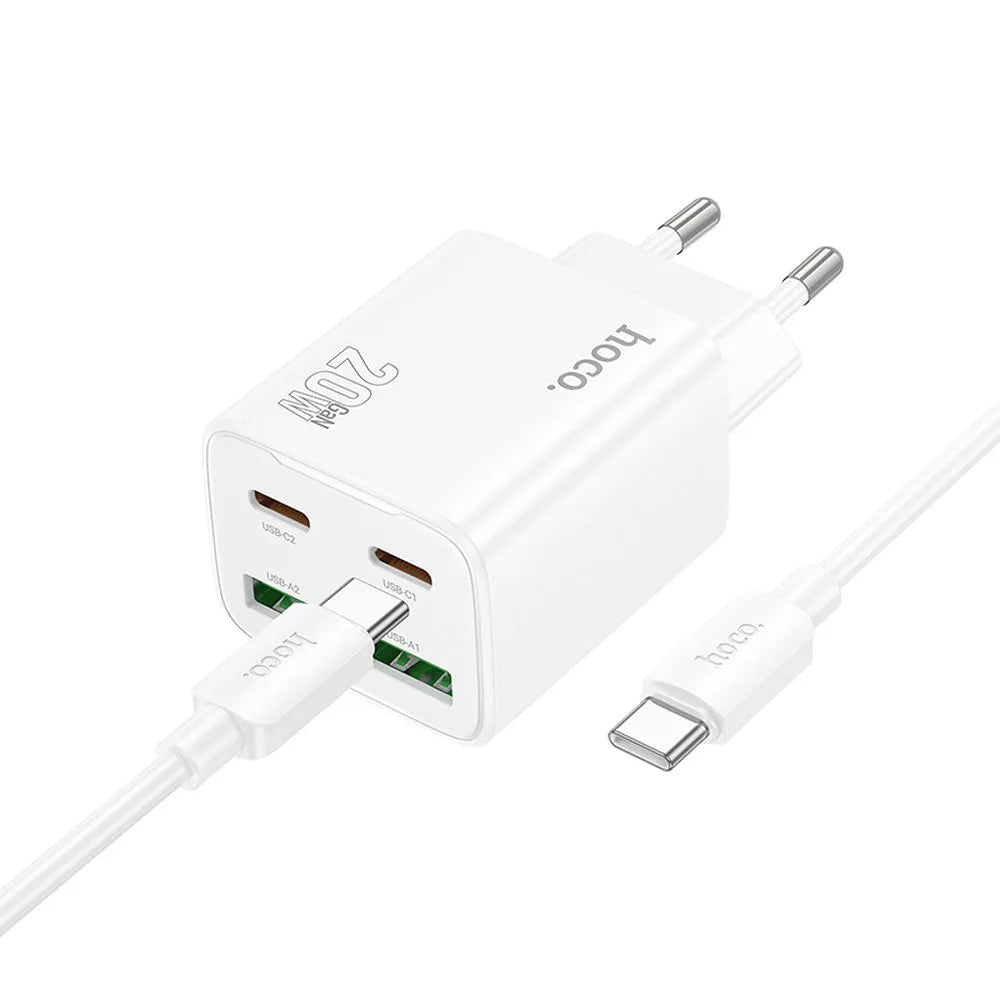 Ładowarka sieciowa z kablem USB-C HOCO N55, 20W, 3A, 2 x USB-A - 2 x USB-C, Biała
