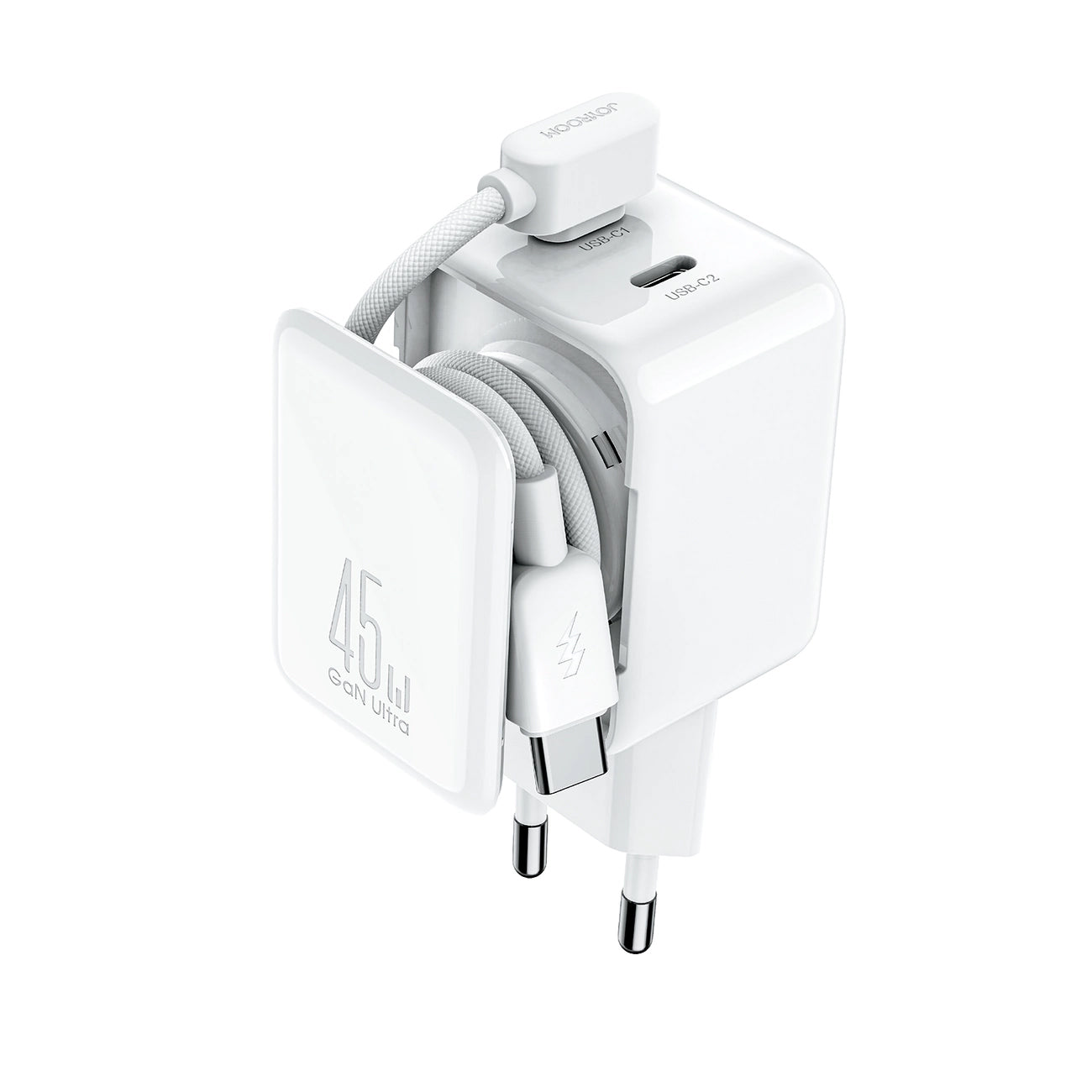Ładowarka sieciowa z kablem USB-C Joyroom JR-TCL05, 45W, 3A, 2 x USB-C, Biała