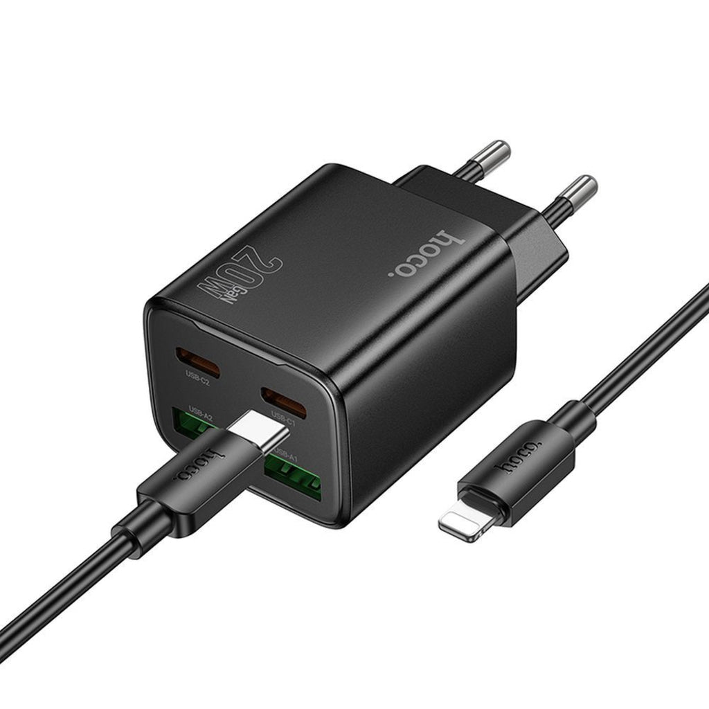 Ładowarka sieciowa z kablem Lightning HOCO N55, 20W, 3A, 2 x USB-A - 2 x USB-C, Czarny