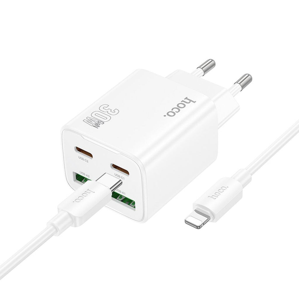 Network Charger with Lightning Cable HOCO N56, 30W, 3A, 2 x USB-A - 2 x USB-C, White
