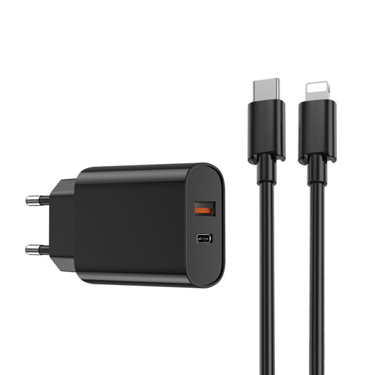 Ładowarka sieciowa z kablem Lightning WiWu Wi-U002, 20W, 3A, 1 x USB-A - 1 x USB-C, Czarny
