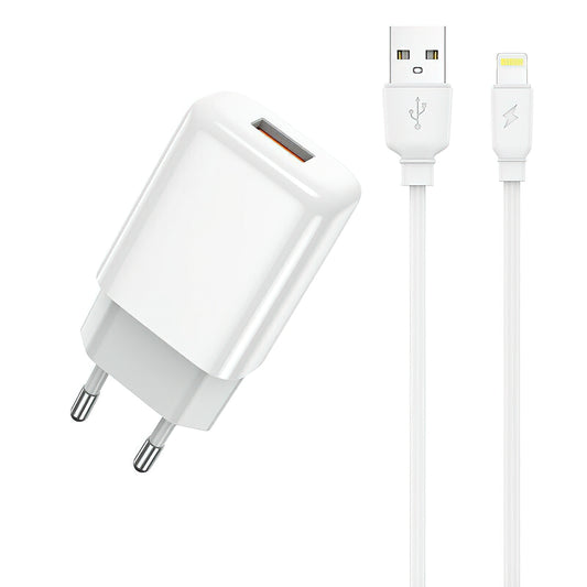 Ładowarka sieciowa z kablem Lightning Prestico F9S, 12W, 2.4A, 1 x USB-A, Biała